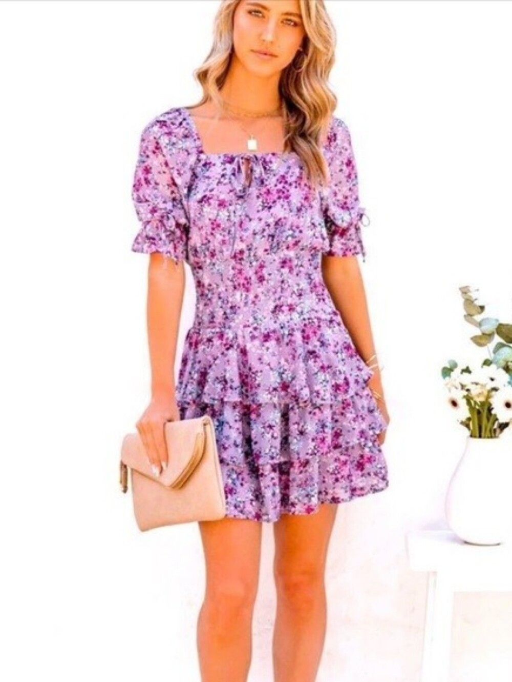 Lavender Floral Smocked Mini Dress with Tiered Skirt